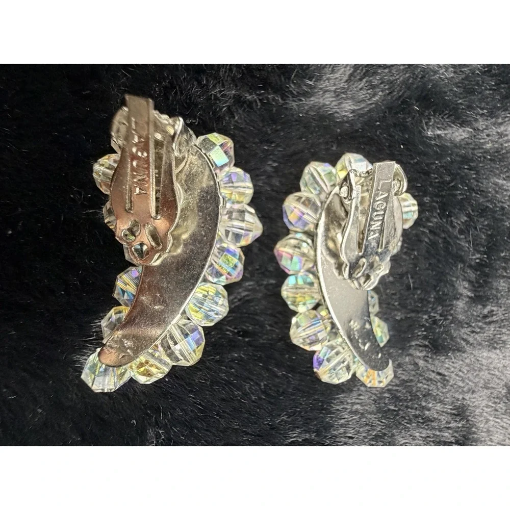 Vintage Signed Laguna Crystal Clip On Earrings‎ Ear Climbers